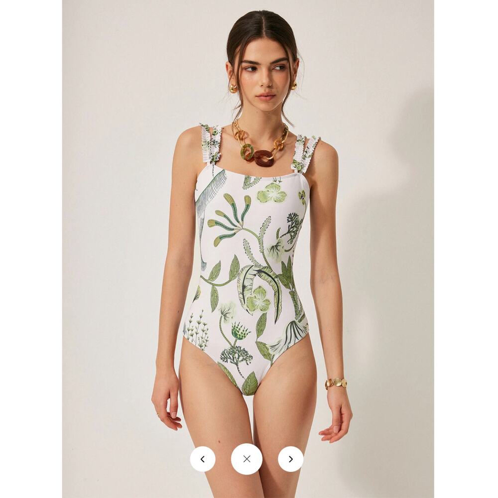 Commense Floral Print Ruffle Strap One-Piece Swimsuit and Skirt cover Up Sz L